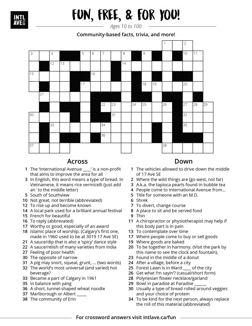 Community-based knowledge crossword for International Avenue and Greater Forest Lawn communities. 